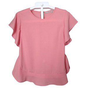 Women's Pink Blouse Ruffle Formal Crepe Short Sleeve Crewneck Button Back Size S
